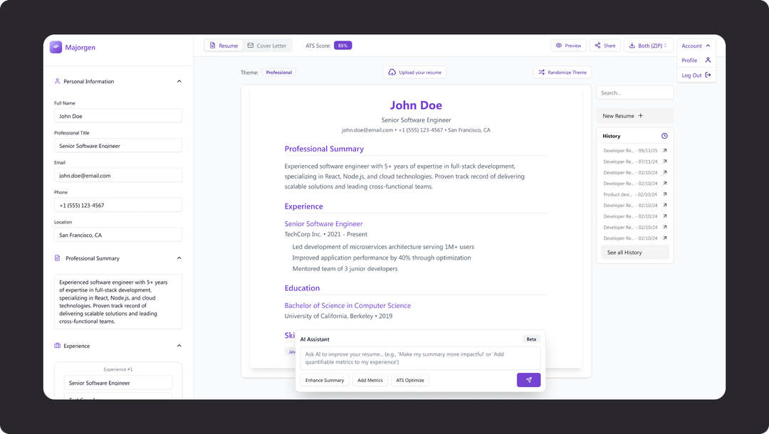 MajorGen Dashboard - AI Resume Builder Interface